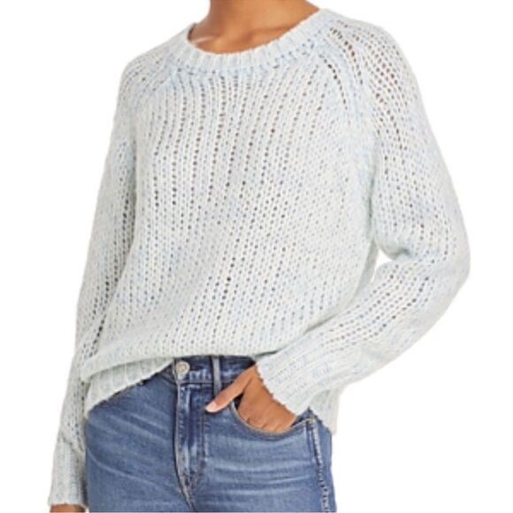 AQUA XS Chunky Knit Crewneck Raglan Sleeve Heather Light Blue White Pullover - Picture 1 of 12